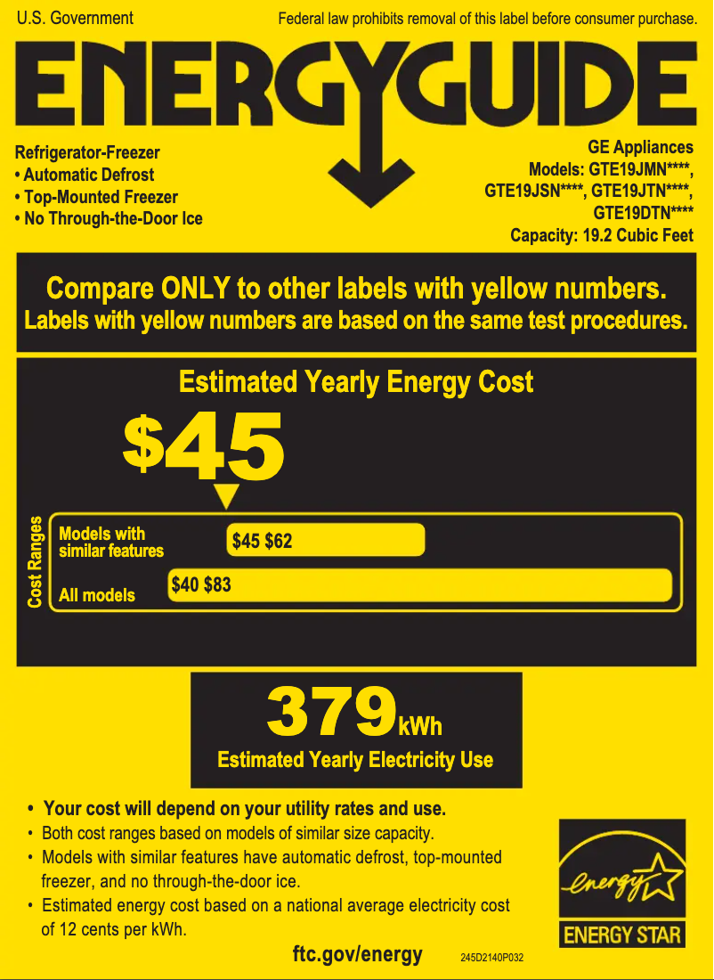 Page 1 de la notice Label énergétique GE GTE19DTNRBB