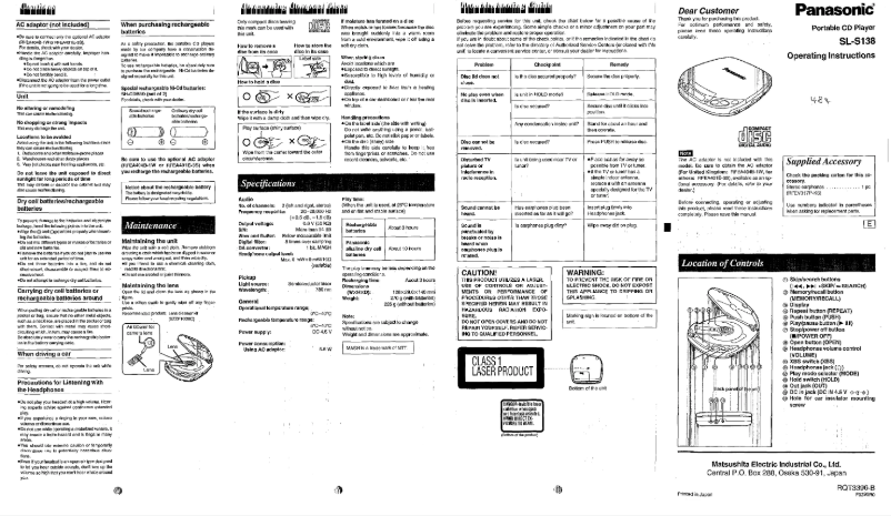 Page 1 de la notice Manuel utilisateur Panasonic SL-S138