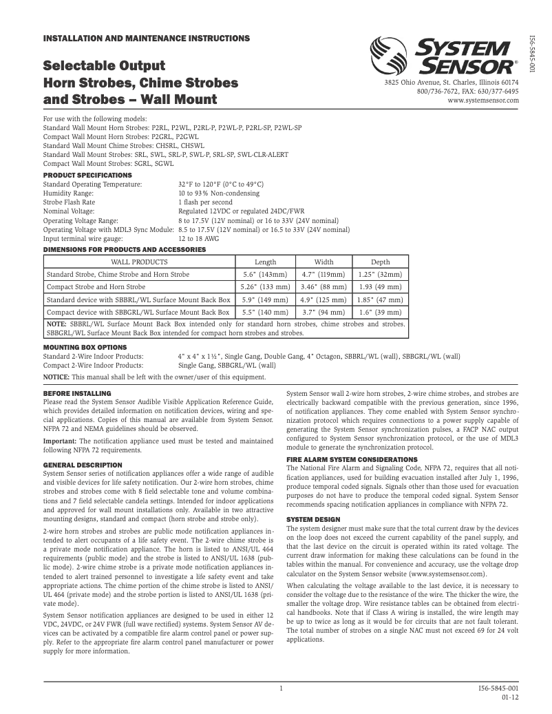 Page 1 de la notice Manuel utilisateur System Sensor P2RL-SP