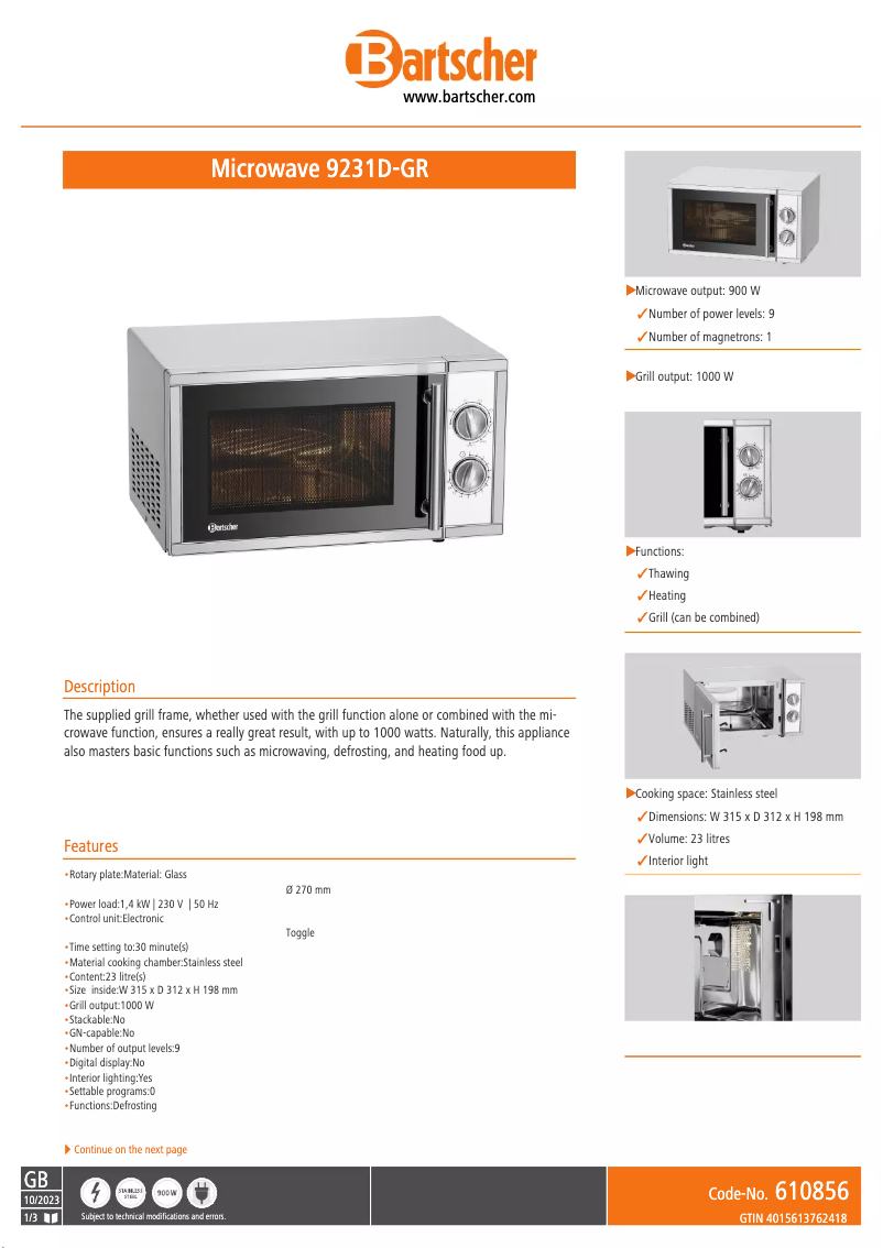 Página 1 del manual Ficha técnica Bartscher 9231D-GR