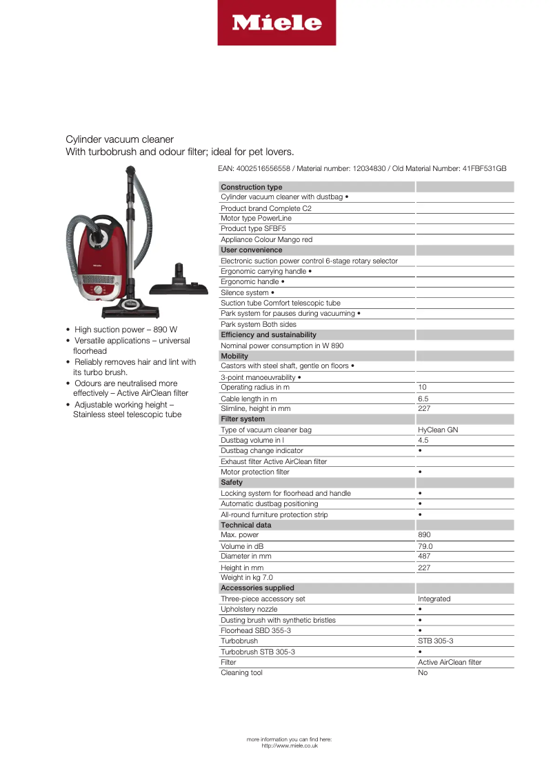 Page 1 de la notice Fiche technique Miele STB 305 TurboTeQ
