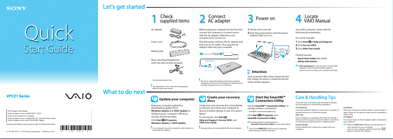 Page 1 de la notice Guide d'installation Sony Vaio VPCZ11NGX