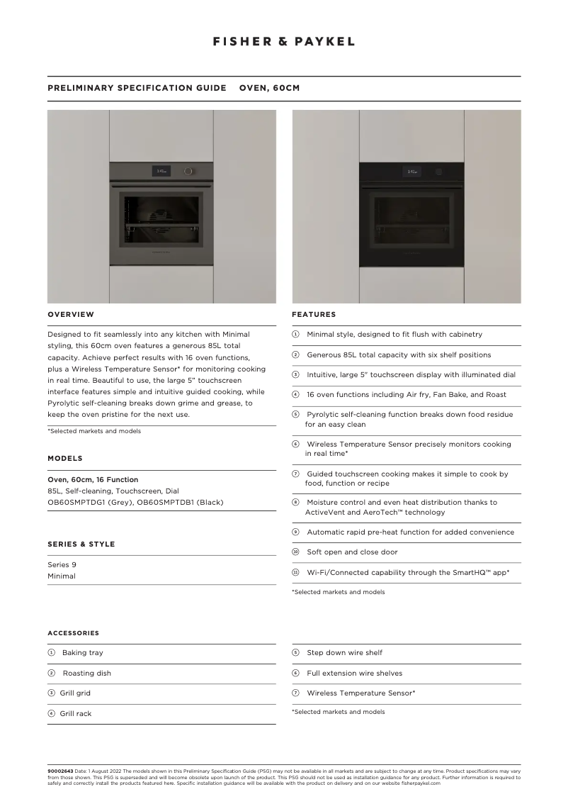 Page 1 de la notice Fiche technique Fisher & Paykel OB60SMPTDG1