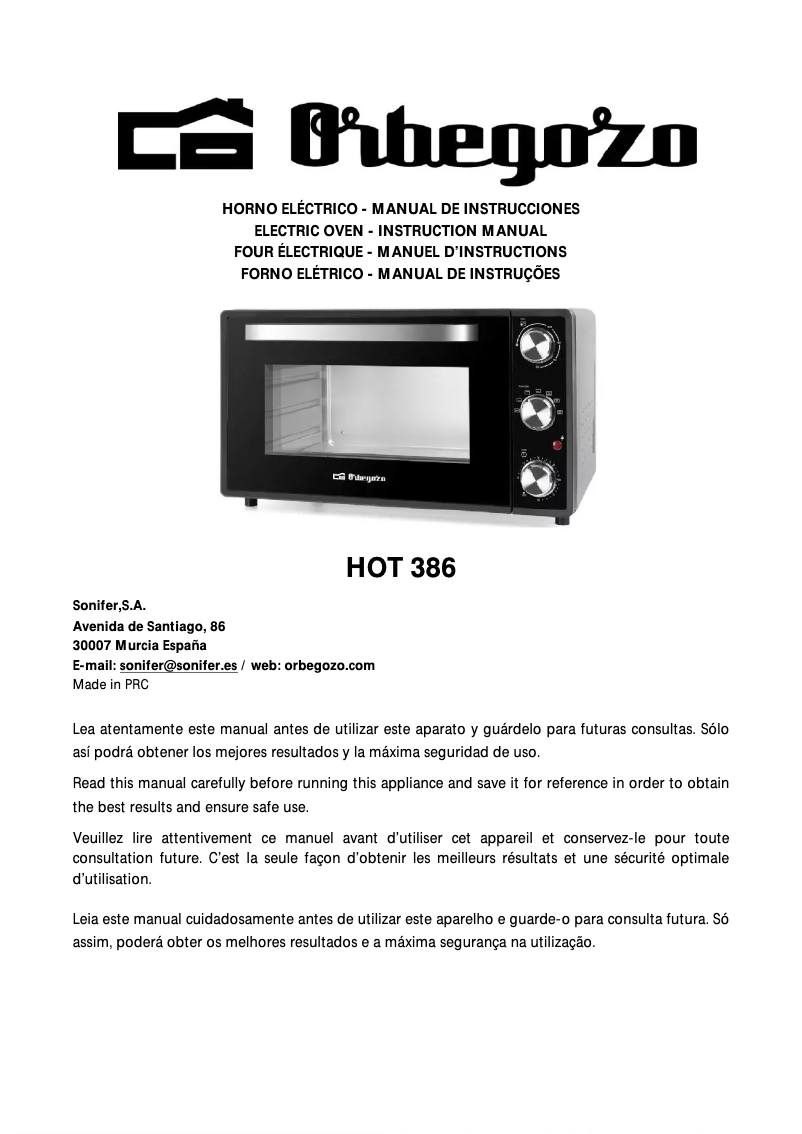 Page 1 de la notice Manuel utilisateur Orbegozo HOT 386