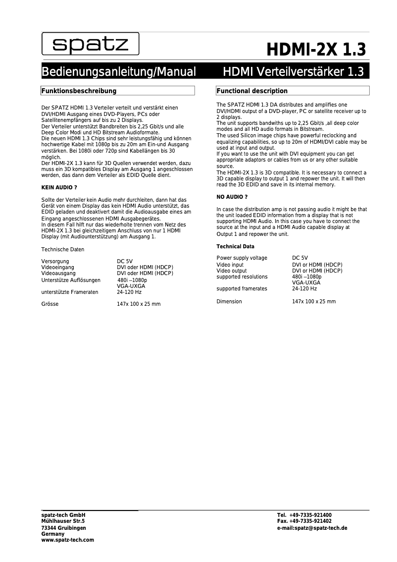 Página 1 del manual Manual de usuario Spatz HDMI-2X1.3