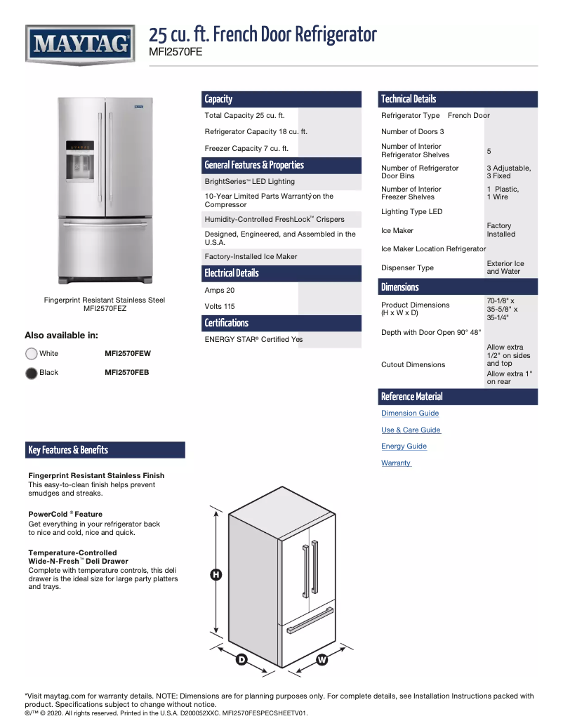 Page 1 de la notice Fiche technique Maytag MFI2570FEB