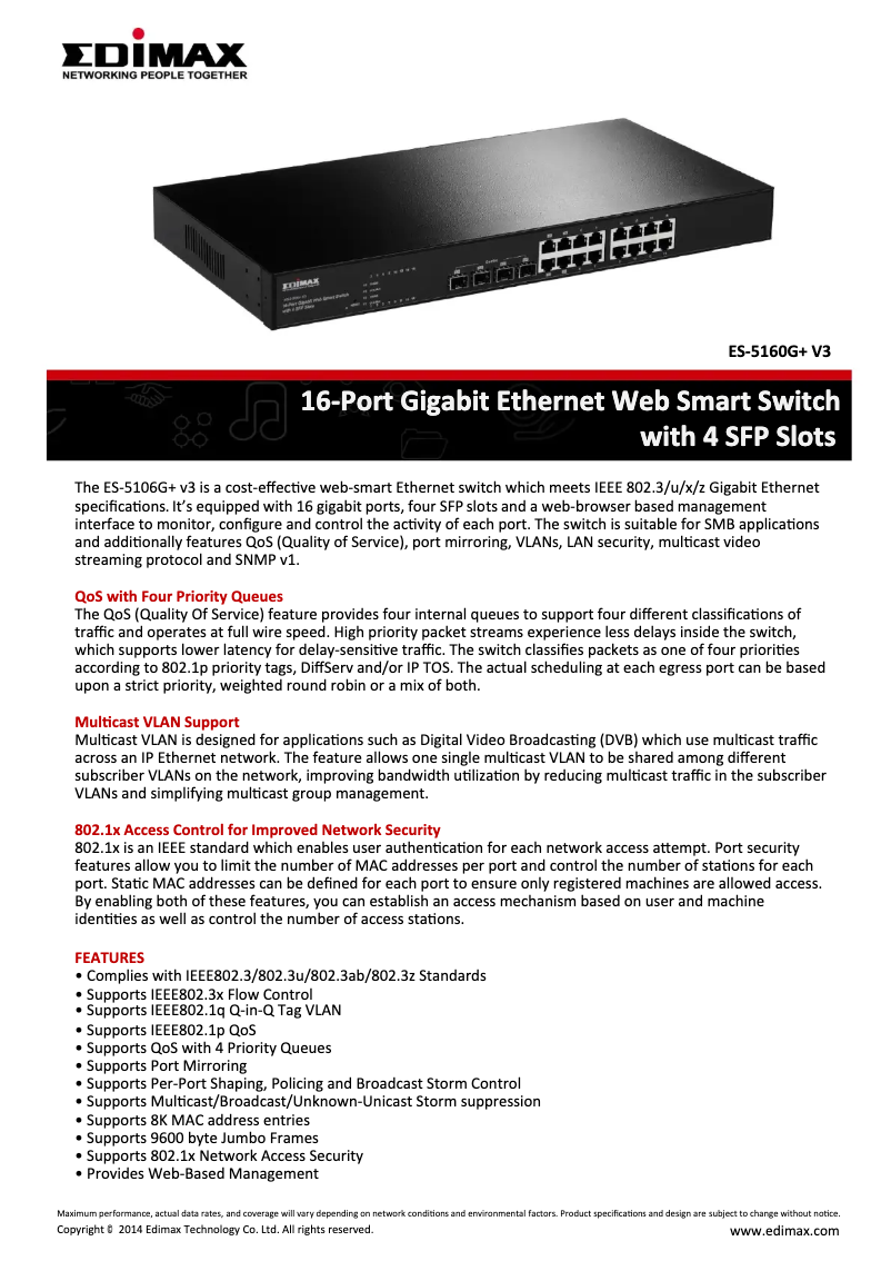 Page 1 de la notice Fiche technique Edimax ES-5160G+ V3