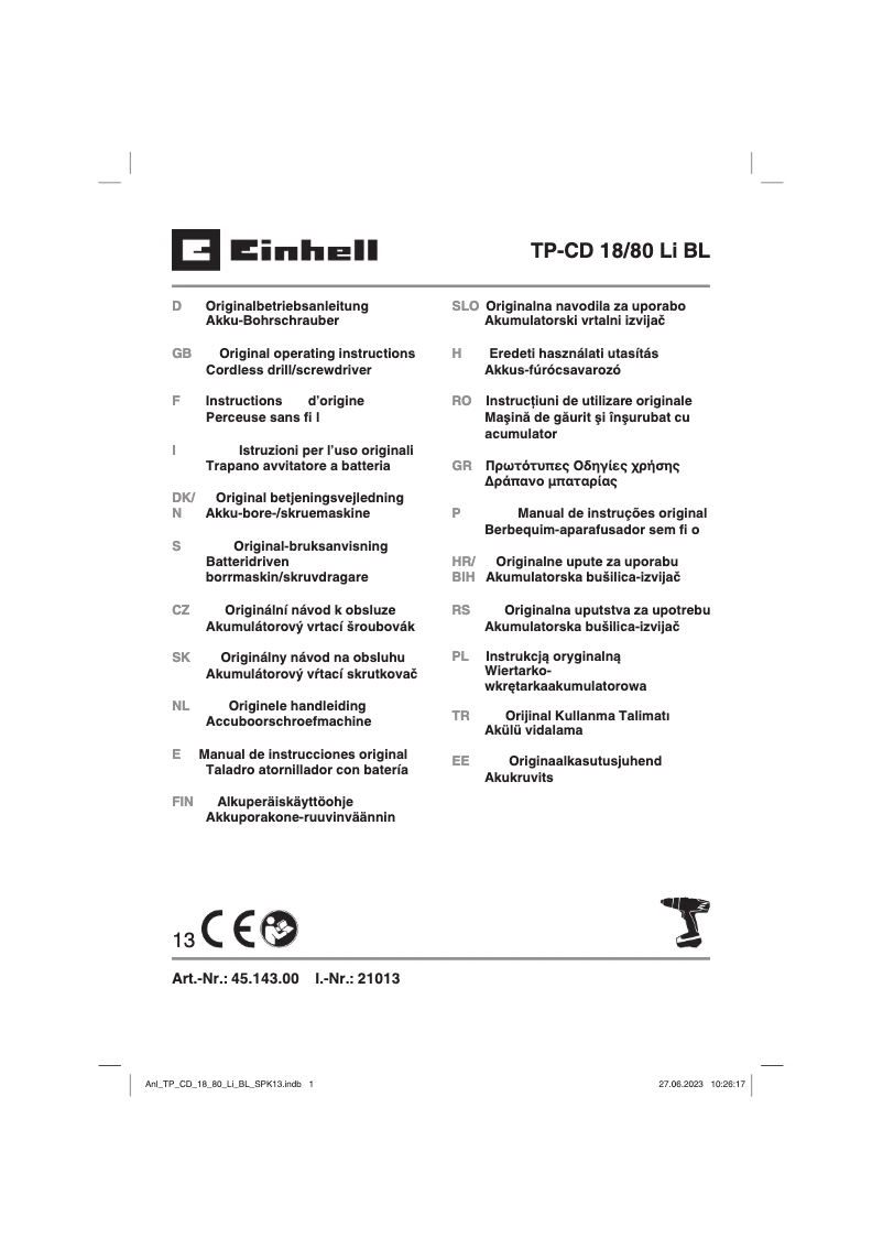 Page 1 de la notice Manuel utilisateur Einhell TP-CD 18/80 Li BL