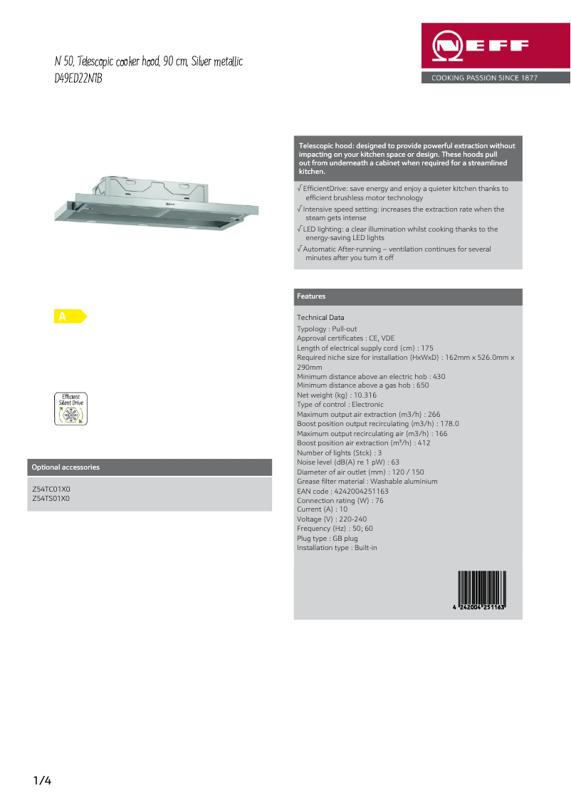Page 1 of the manual Technical Sheet Neff D49ED22N1B