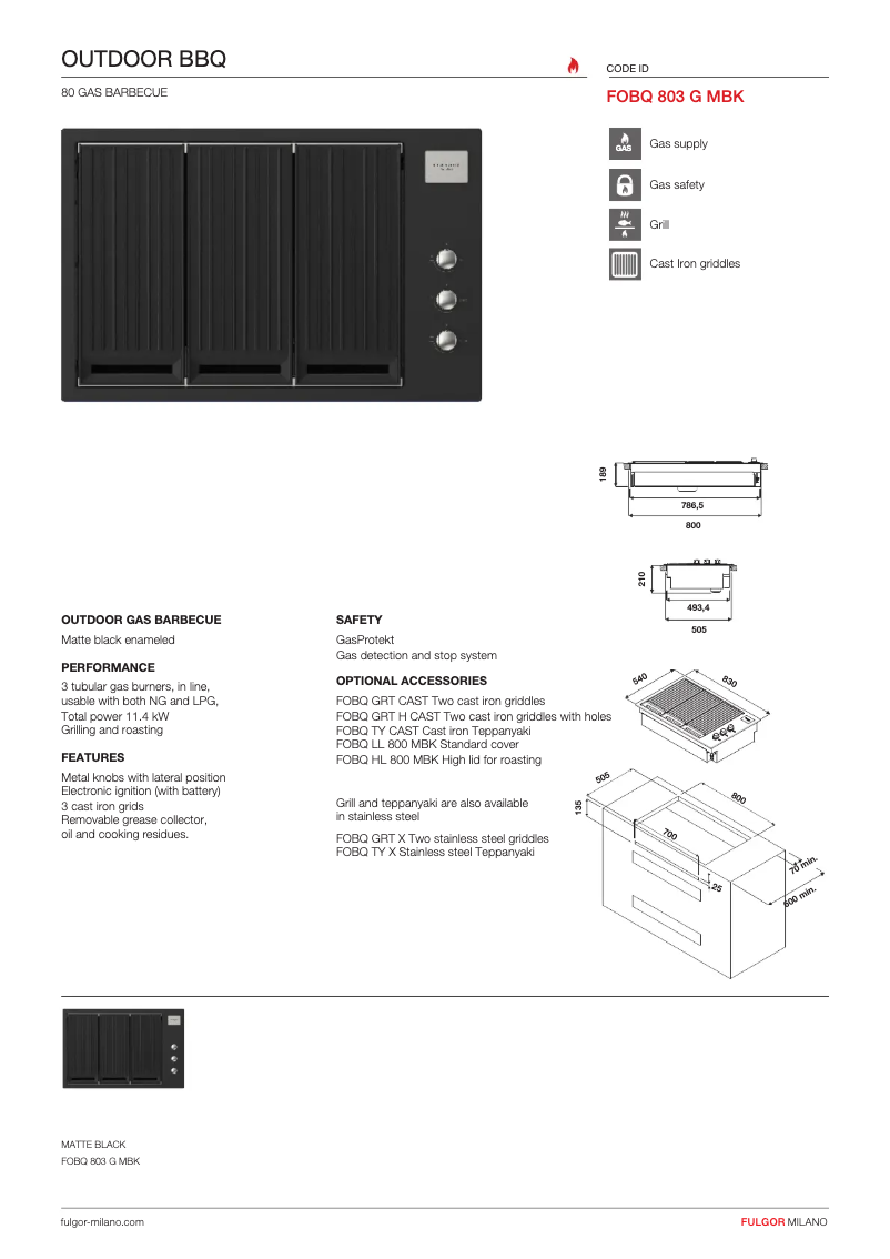 Page 1 de la notice Fiche technique Fulgor Milano FOBQ 803 G MBK