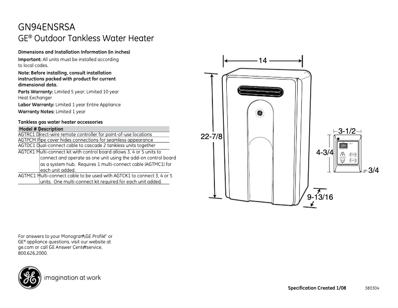 Page n°1 - Fiche technique GE GN94ENSRSA
