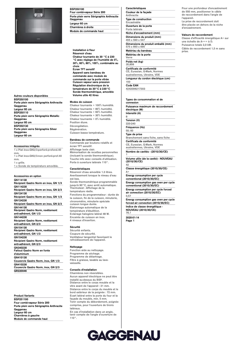 Página 1 del manual Ficha técnica Gaggenau BSP250100