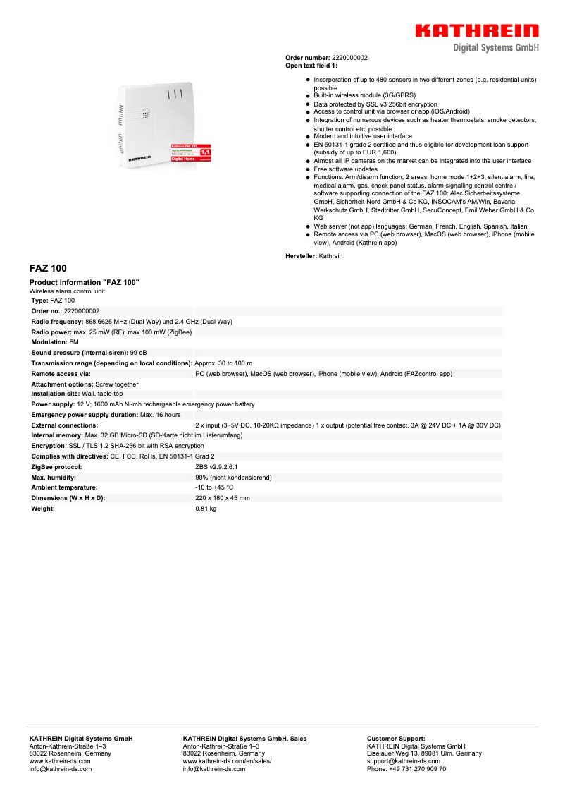 Page 1 de la notice Manuel utilisateur Kathrein FAZ 100