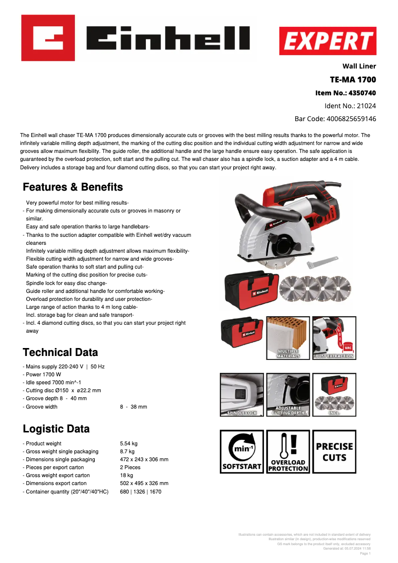 Página 1 del manual Ficha técnica Einhell TE-MA 1700