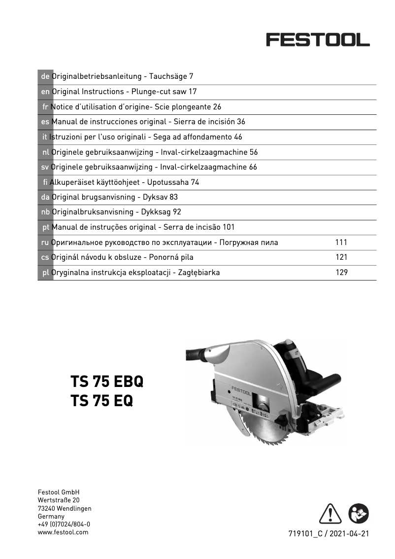 Page 1 de la notice Manuel utilisateur Festool TS 75 EBQ-Plus-FS