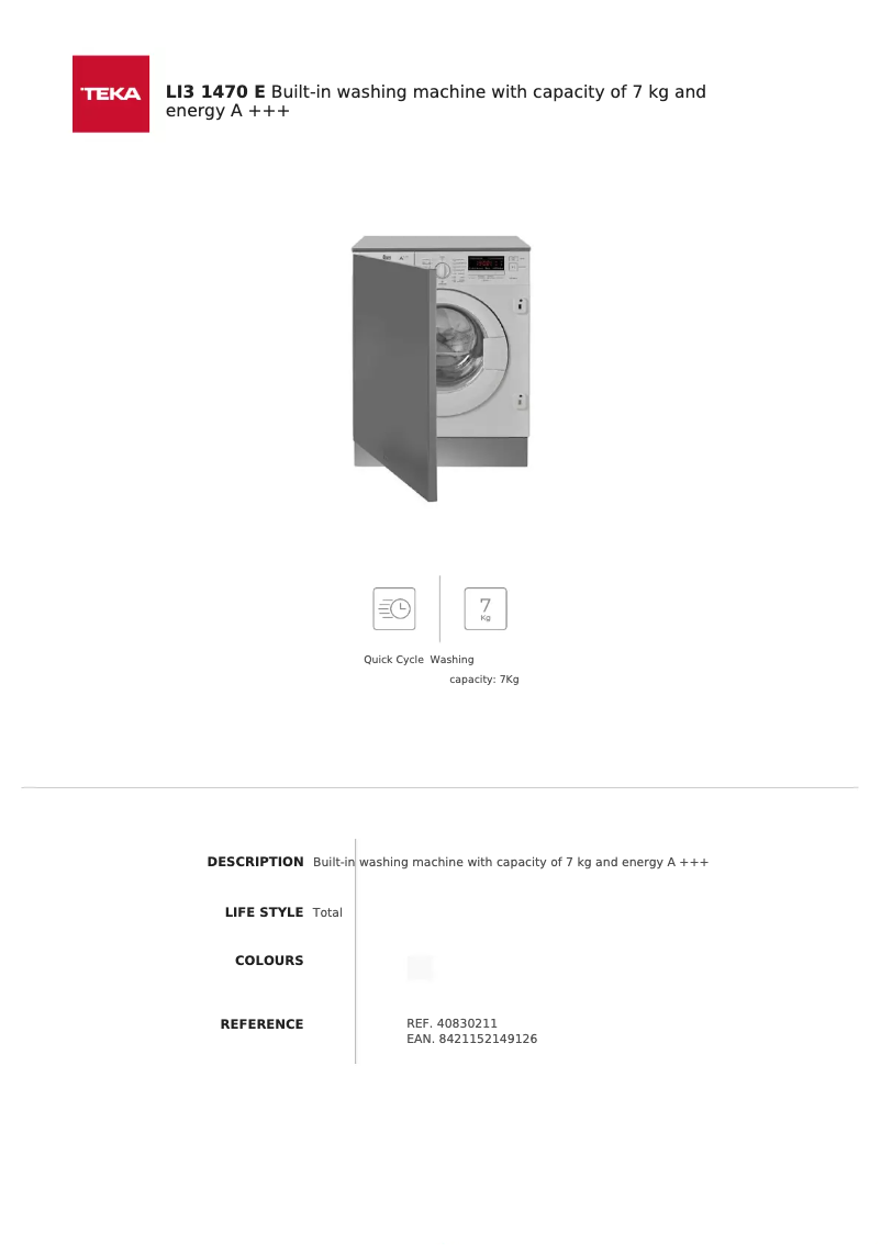 Page 1 de la notice Fiche technique Teka LI3 1470 E