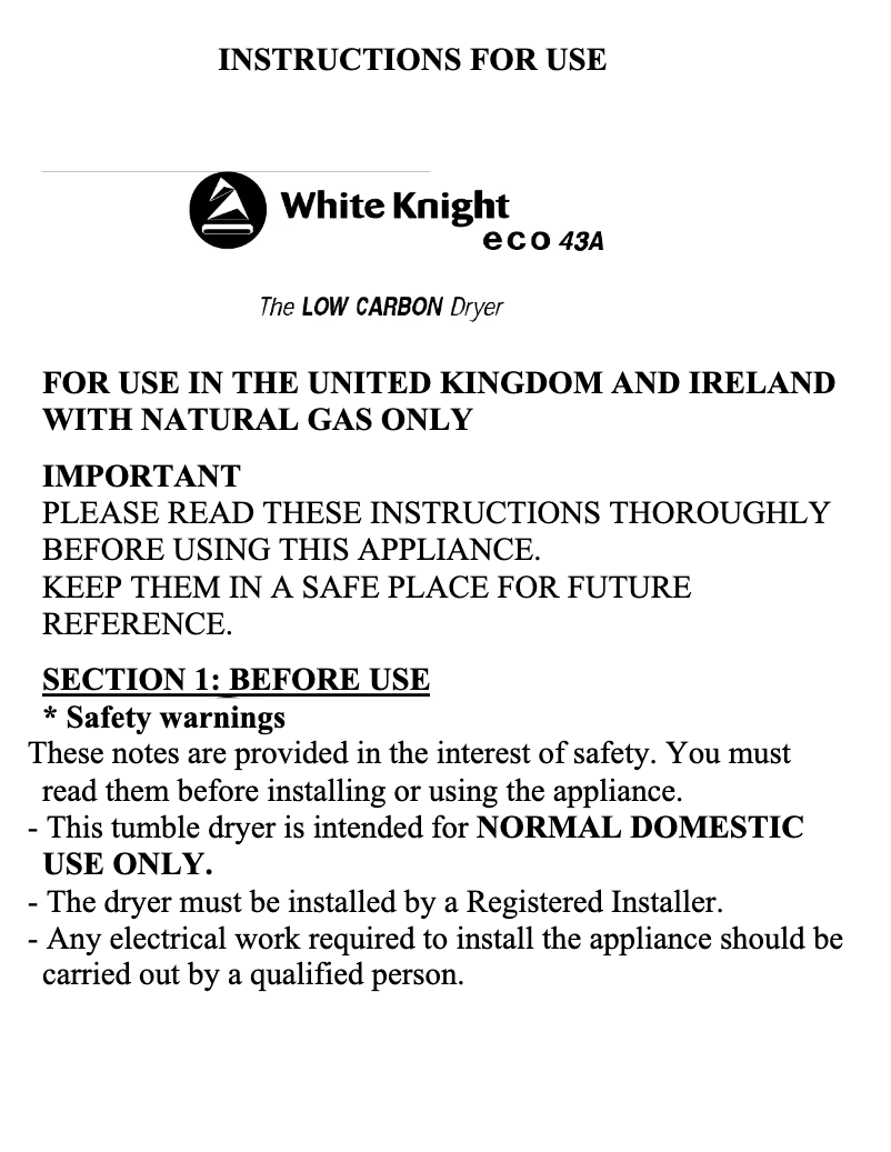 Page 1 de la notice Manuel utilisateur White Knight ECO43A