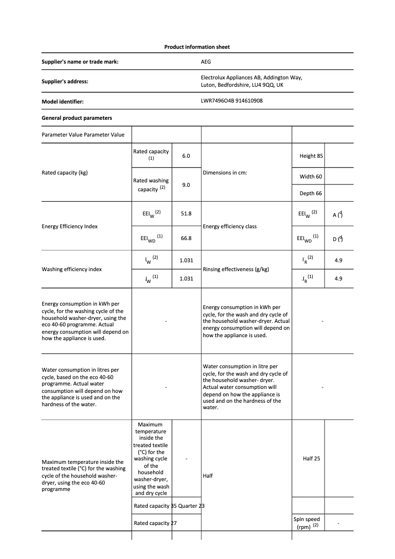 Page 1 de la notice Fiche technique AEG LWR7496O4B