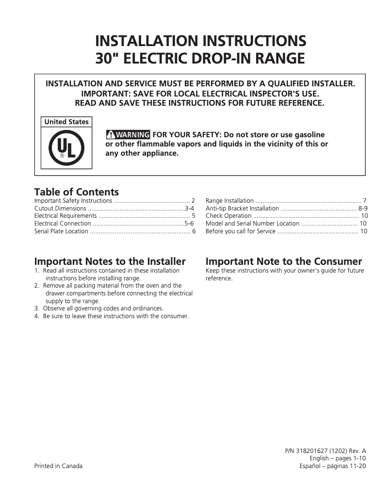 Page 1 de la notice Guide d'installation Frigidaire FFED3016TB
