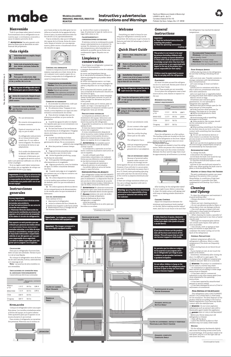 Page 1 de la notice Manuel utilisateur Mabe RMA1025YMFX0