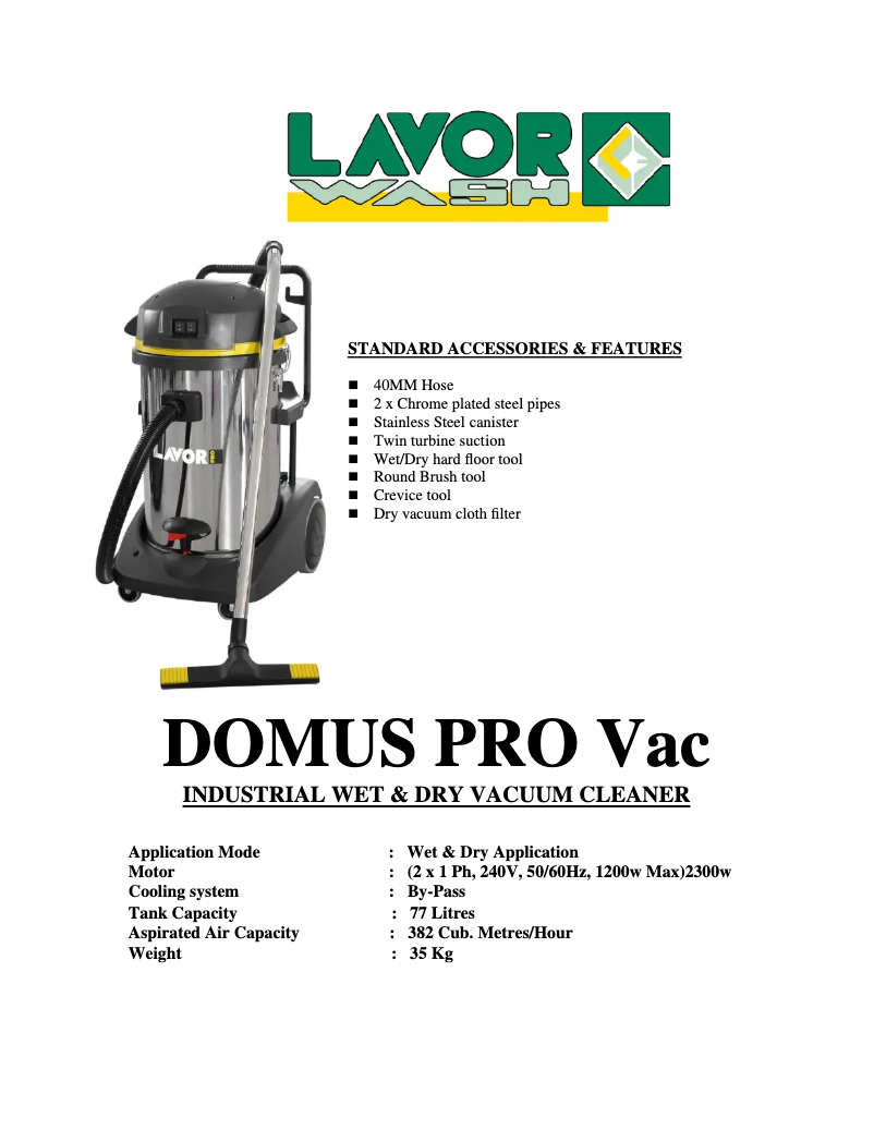 Página 1 del manual Ficha técnica Lavorwash DOMUS-IF PRO