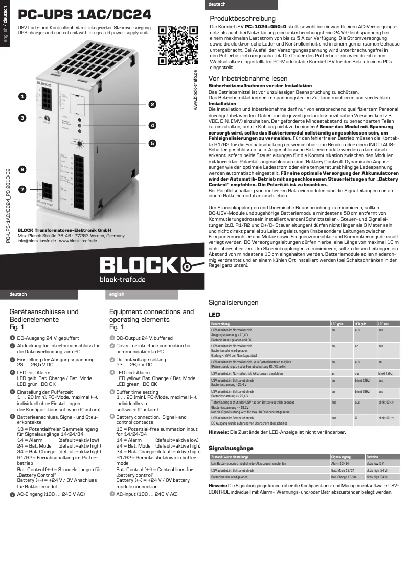 Page 1 de la notice Manuel utilisateur Block PC-1024-050-0