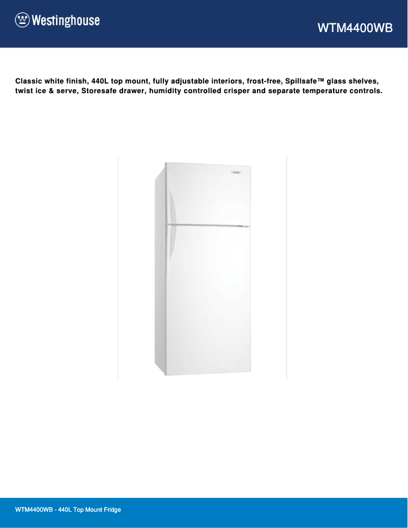 Page 1 de la notice Fiche technique Westinghouse WTM4400WB