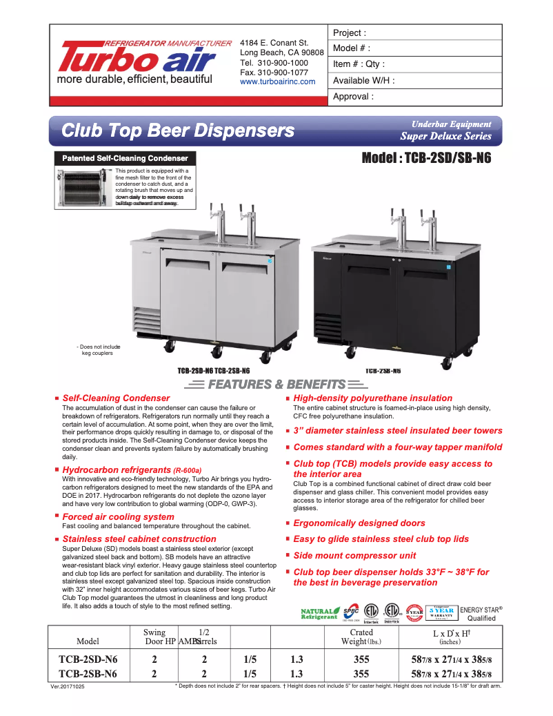 Página 1 del manual Ficha técnica Turbo air TCB-2SB