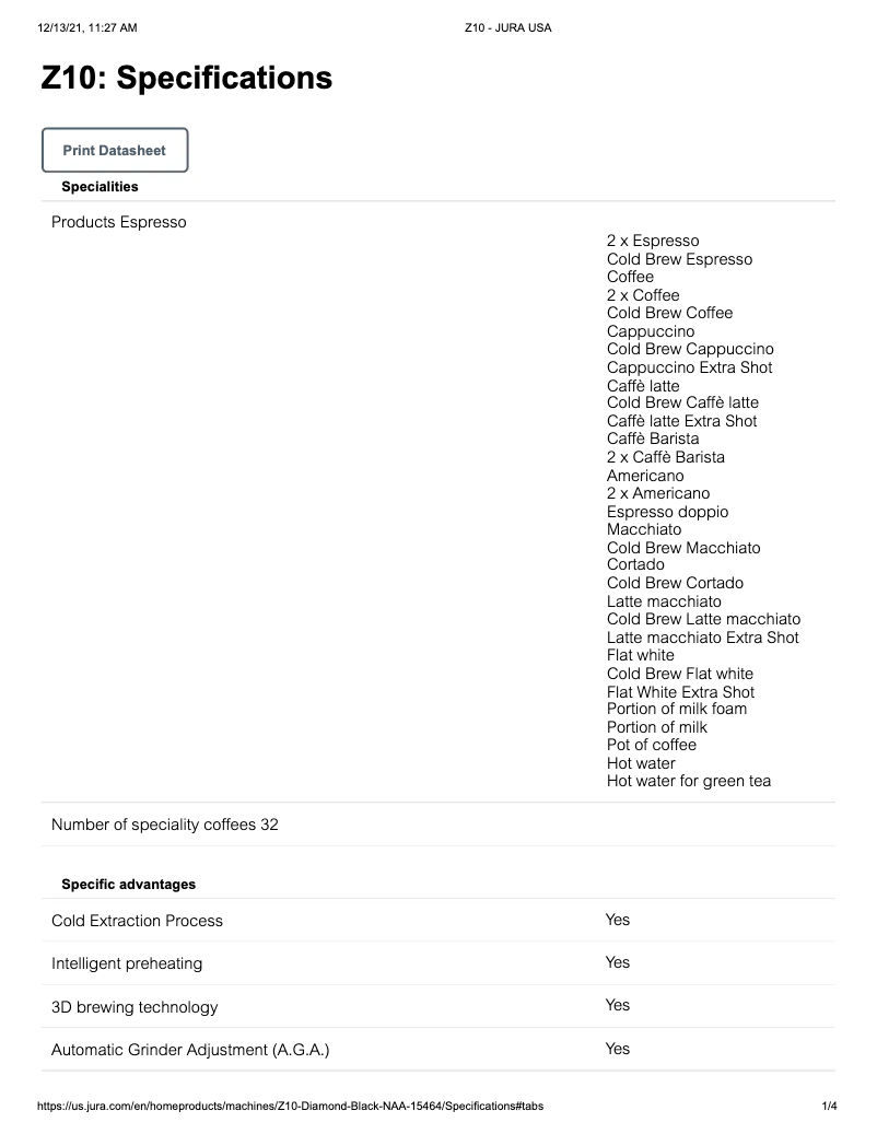 Page 1 de la notice Fiche technique Jura Z10