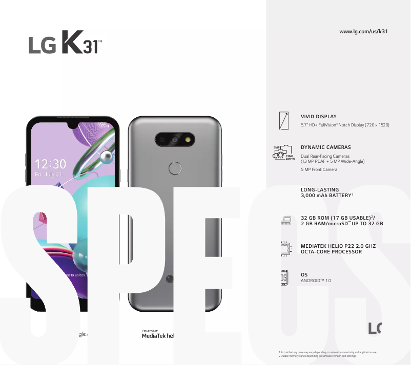 Page 1 de la notice Fiche technique LG K31