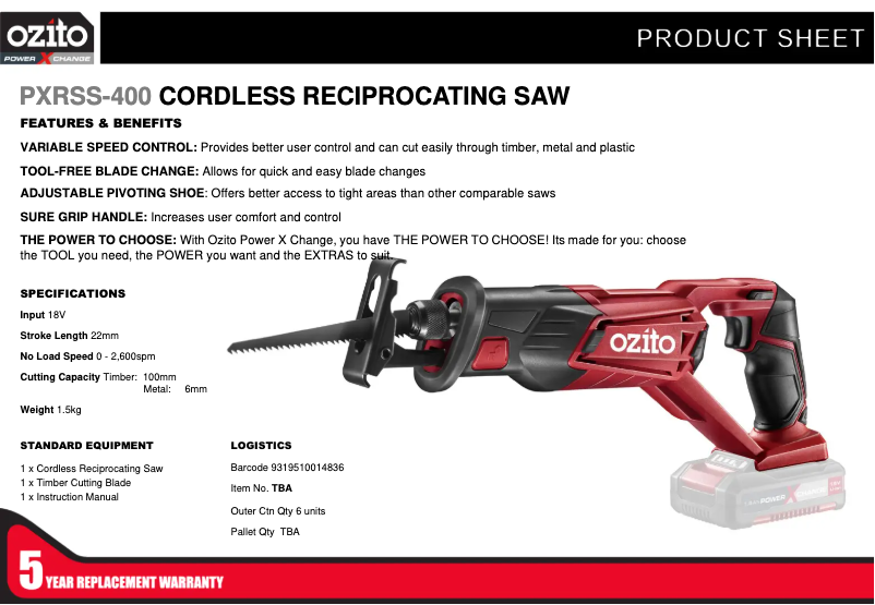 Page 1 de la notice Fiche technique Ozito PXRSS-400