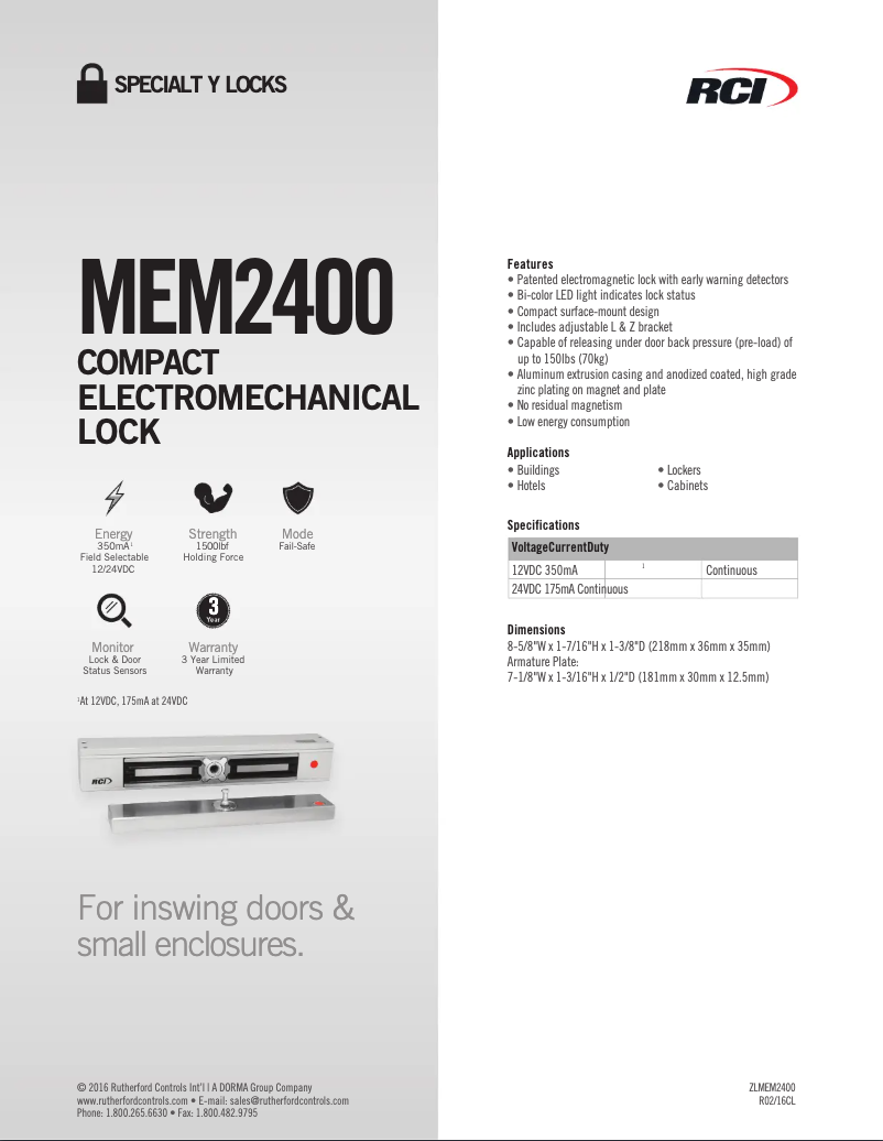 Página 1 del manual Ficha técnica Dormakaba RCI MEM2400