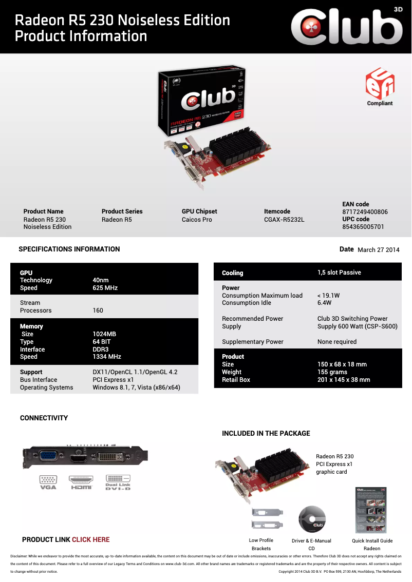 Page 1 of the manual User Manual CLUB3D Radeon R5 230 1GB Noisless Edition