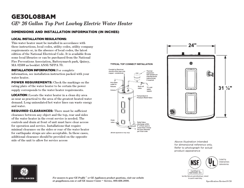Page 1 of the manual Technical Sheet GE GE30L08BAM