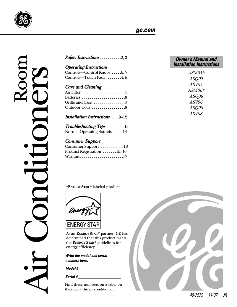 Página 1 del manual Manual de uso y mantenimiento GE ASQ08FL