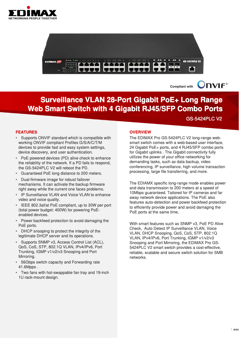 Page 1 de la notice Fiche technique Edimax GS-5424PLC V2