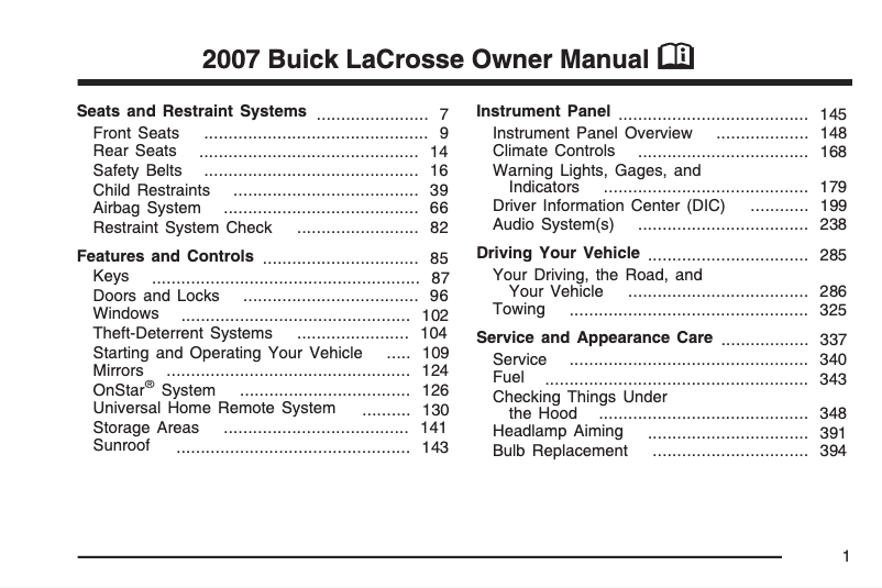Page 1 de la notice Manuel utilisateur Buick Lacrosse (2007)