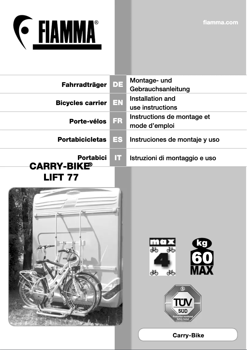 Page 1 de la notice Manuel utilisateur Fiamma Carry-Bike Lift 77