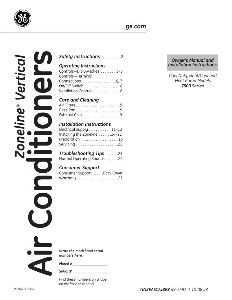 Page n°1 - Manuel d'utilisation et d'entretien GE AZ75H09EAC