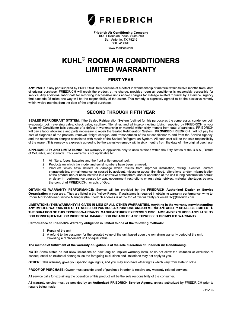 Page 1 de la notice Informations de garantie Friedrich KCS14A10A