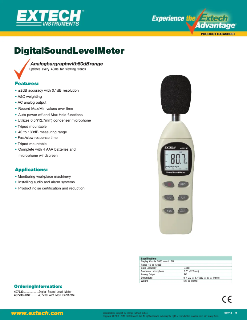 Page 1 de la notice Fiche technique Extech 407730