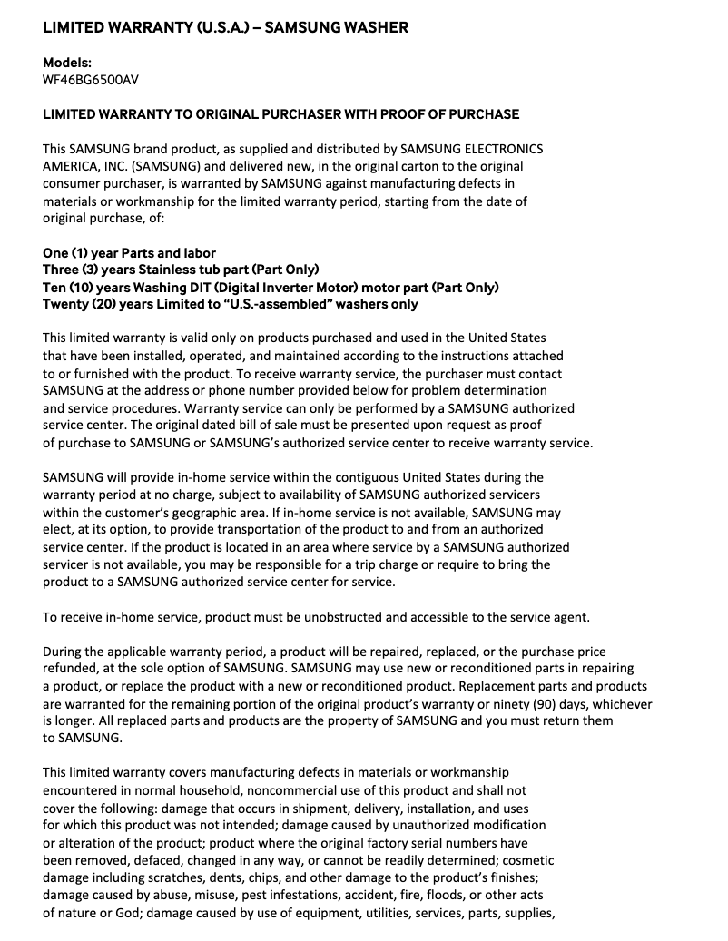 Página 1 del manual Información de garantía Samsung WF46BG6500AV