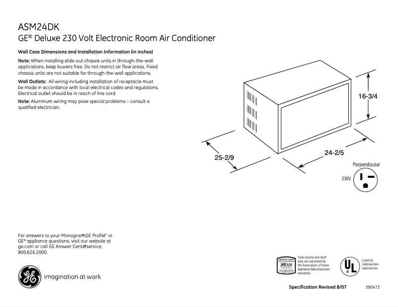 Page 1 de la notice Fiche technique GE ASM24DK