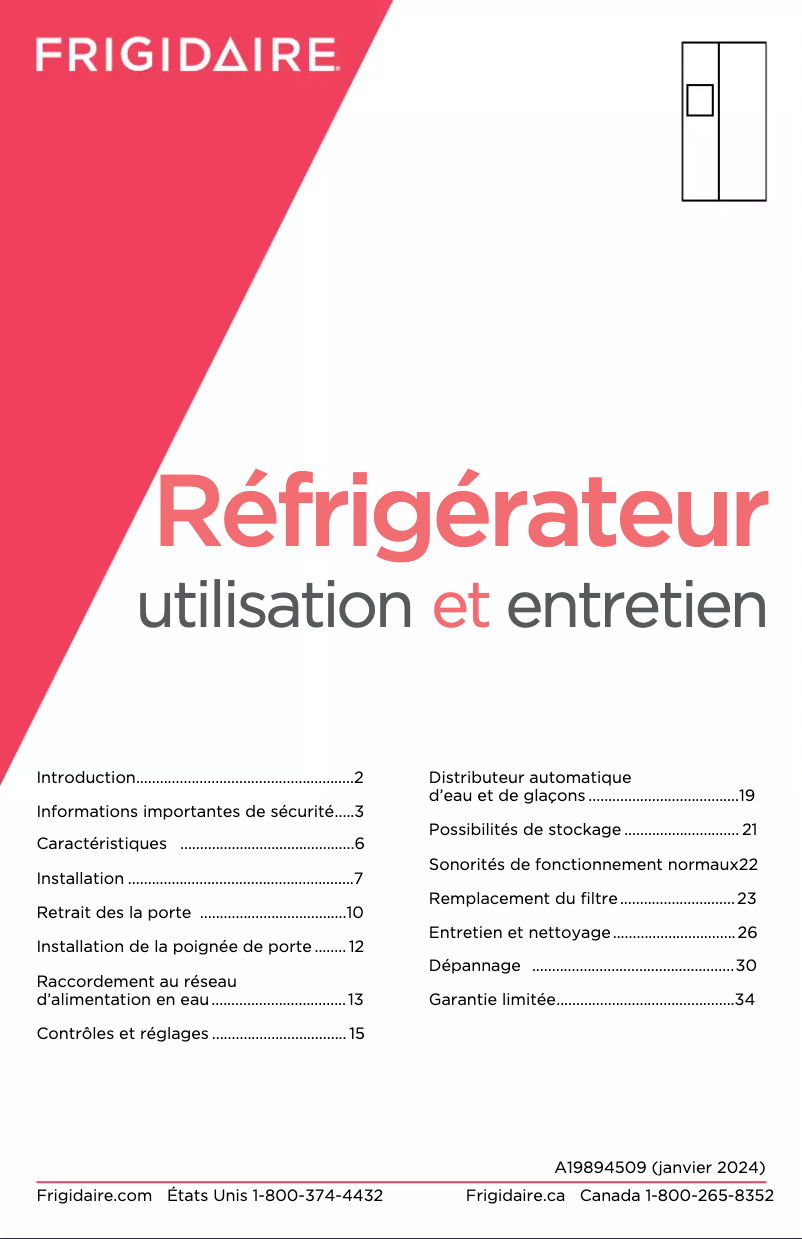 Page 1 de la notice Manuel utilisateur Frigidaire FRSS2623AW