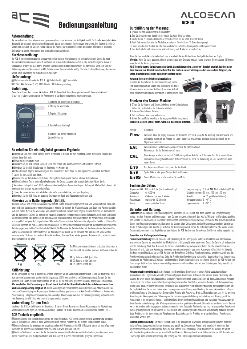 Page 1 de la notice Manuel utilisateur Alcoscan ACE III