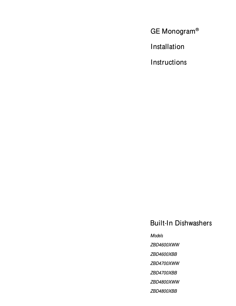 Page n°1 - Guide d'installation GE ZBD4600XWW