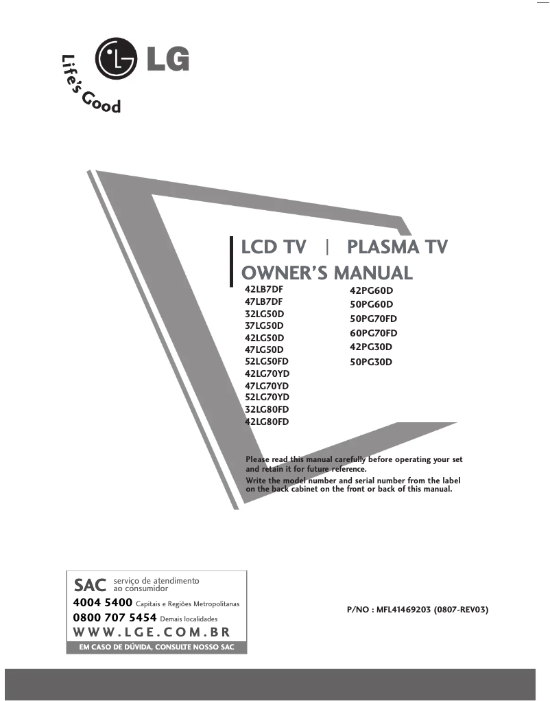 Page 1 de la notice Manuel utilisateur LG 37LG50D