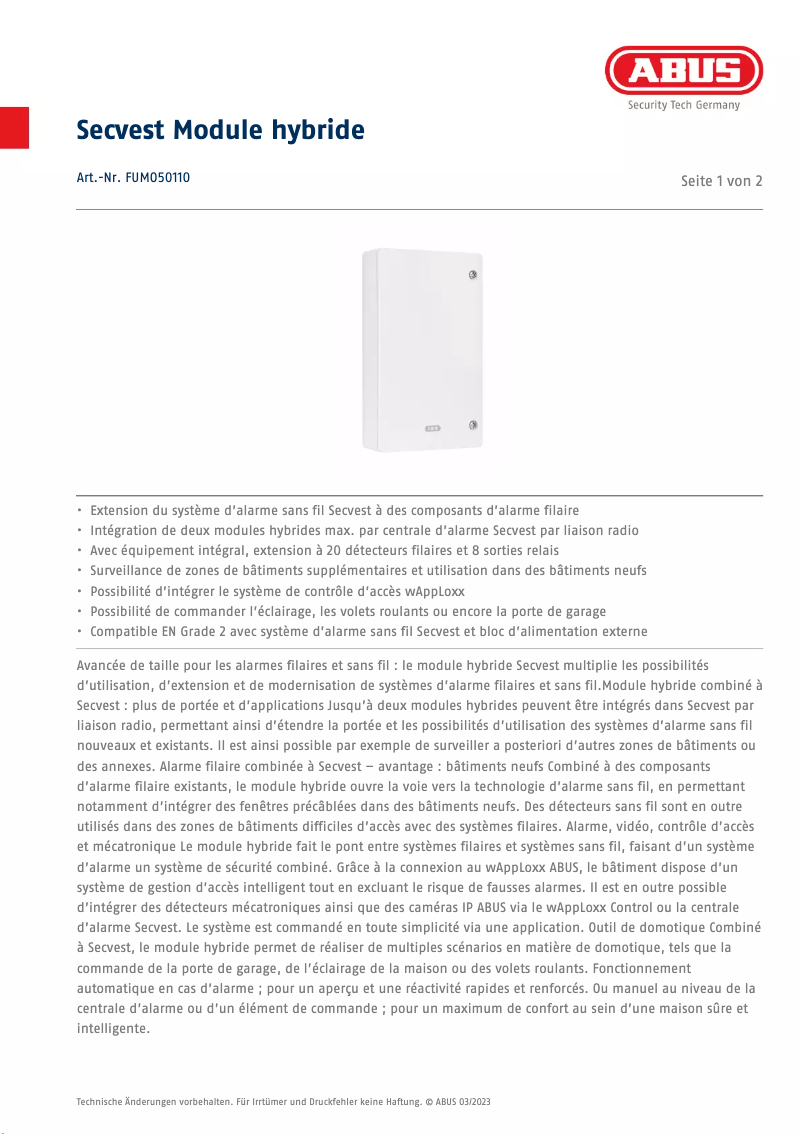 Página 1 del manual Ficha técnica Abus FUMO50110