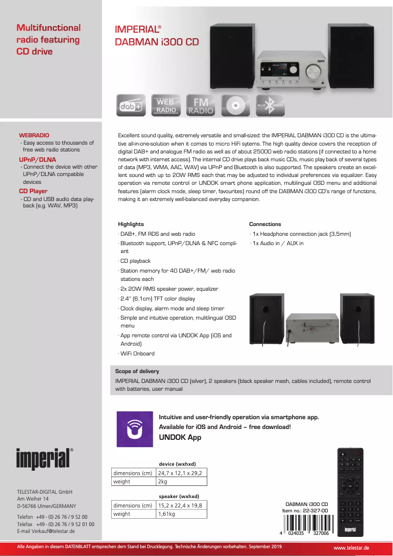Page 1 de la notice Fiche technique Imperial DABMAN i300 CD