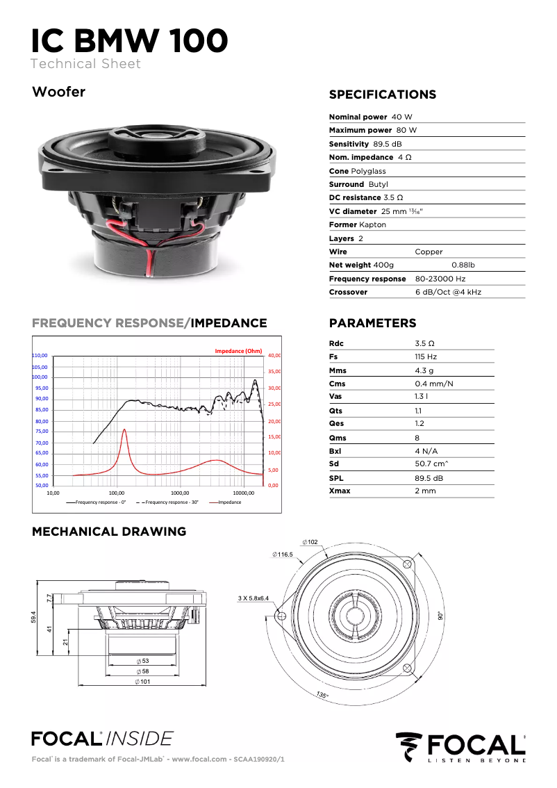 Page 1 de la notice Fiche technique Focal IC BMW 100